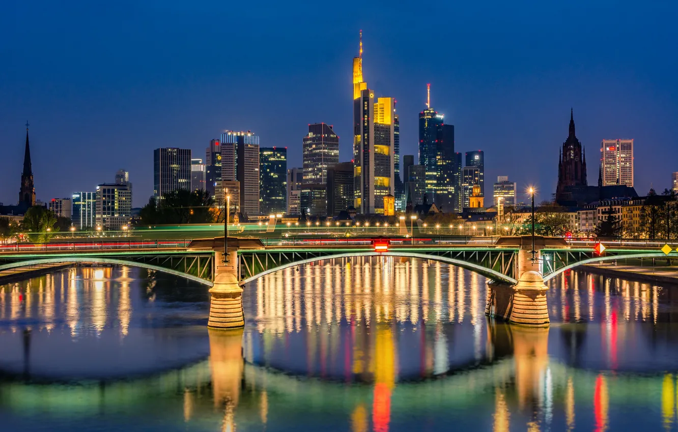 Photo wallpaper bridge, river, building, home, skyscrapers, Germany, night city, Germany