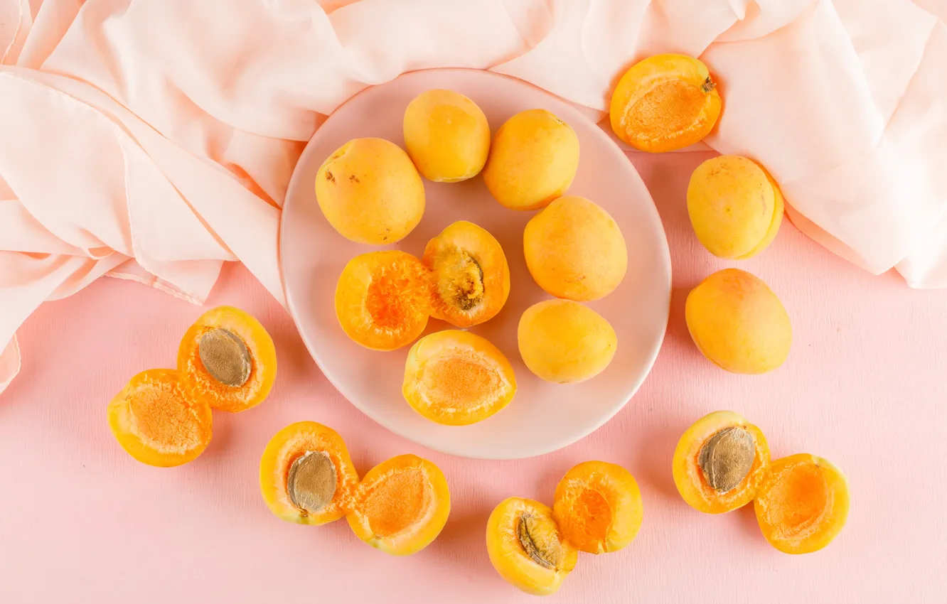 Photo wallpaper bone, plate, fabric, bowl, fruit, pink background, halves, composition