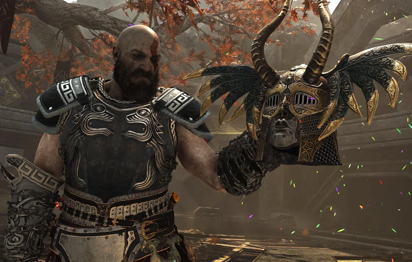 Photo wallpaper God of War, Kratos, Valkyrie Gunnr Helmet, The Ghost of Sparta, Armor of Zeus