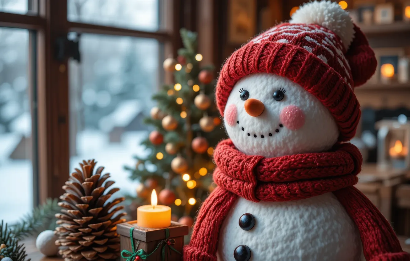 Photo wallpaper winter, snow, lights, gift, new year, window, Christmas, snowman