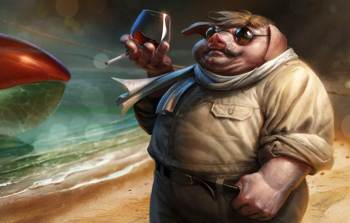 Photo wallpaper glass, art, glasses, a cigarette, Porco Rosso, pig, Izzy Medrano