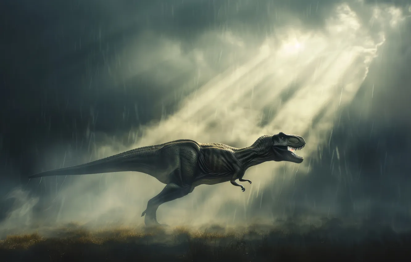 Photo wallpaper clouds, rain, animal, dinosaur, predator, the rays of the sun, Tyrannosaurus, digital art