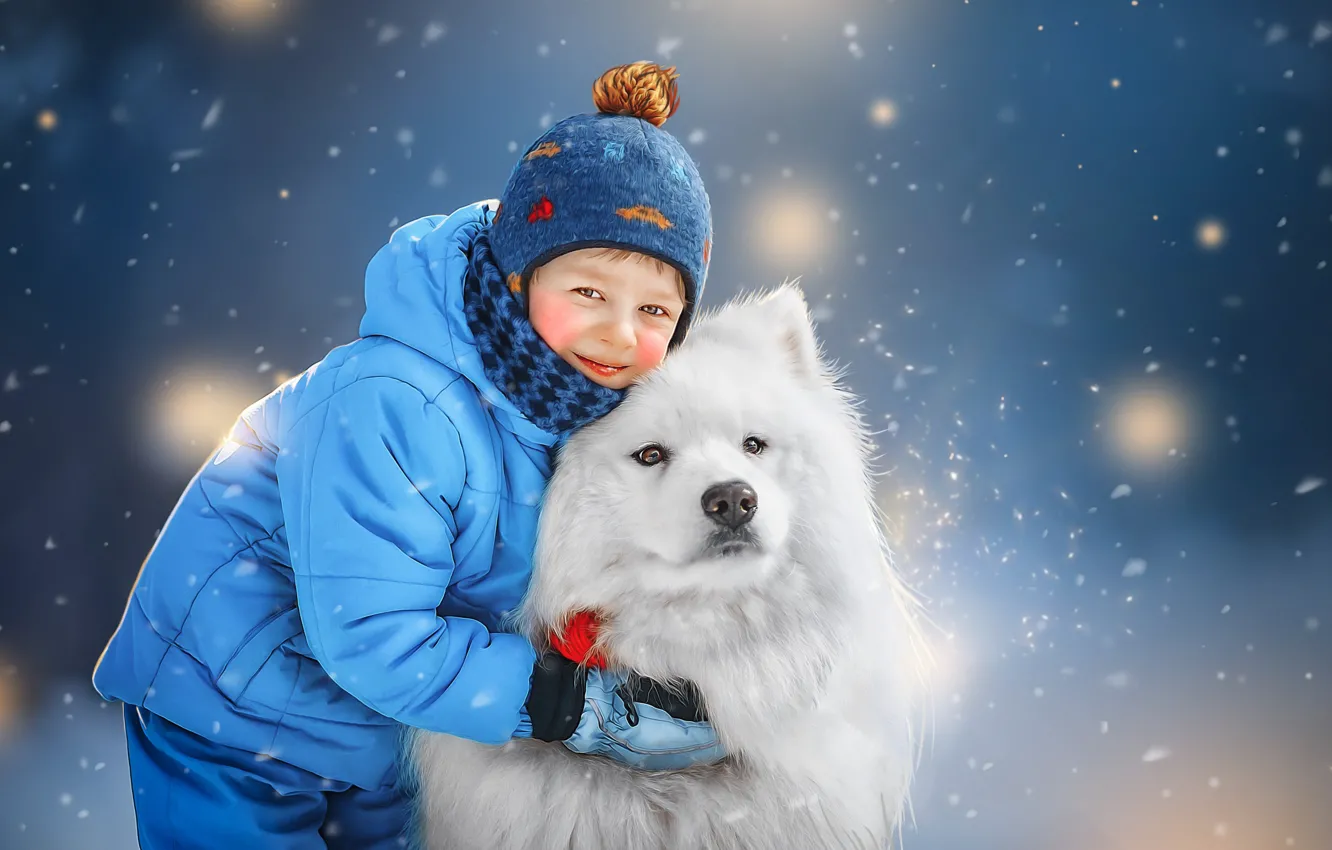 Photo wallpaper winter, snow, children, animal, dog, boy, dog, Samoyed