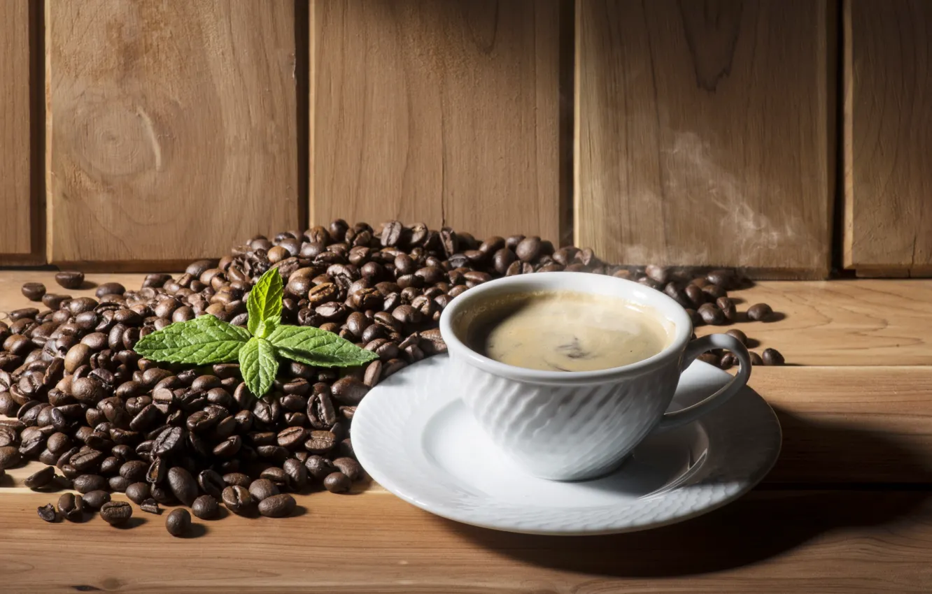 Photo wallpaper coffee, Cup, drink, mint, coffee beans, wood, cup, drink