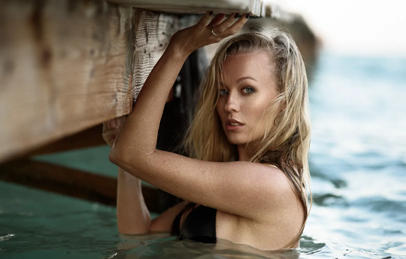 Photo wallpaper girl, wet, bra, long hair, sea, photo, water, blue eyes