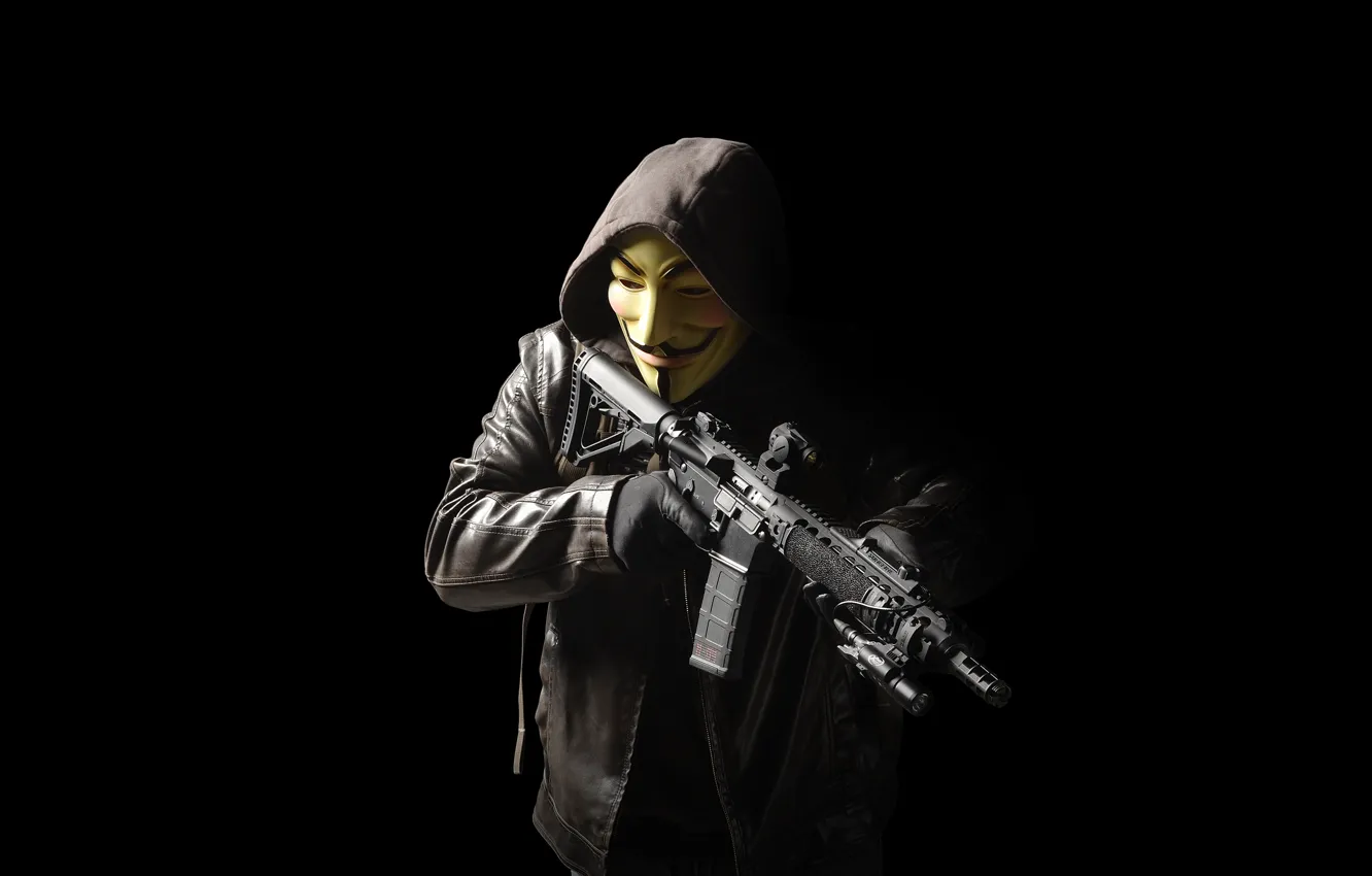 Photo wallpaper weapons, mask, jacket, hood, male, assault rifle