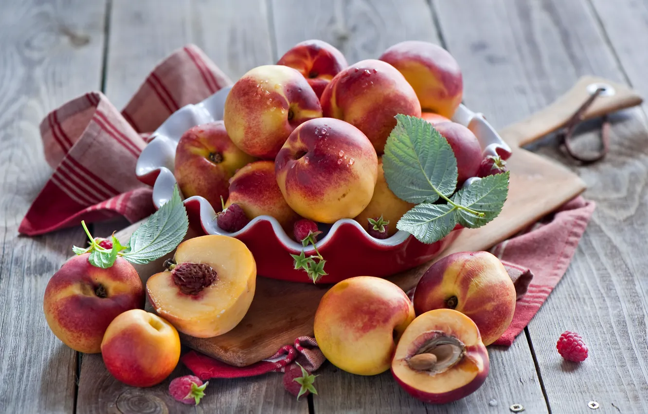 Photo wallpaper leaves, berries, raspberry, Board, dishes, fruit, peaches, nectarine