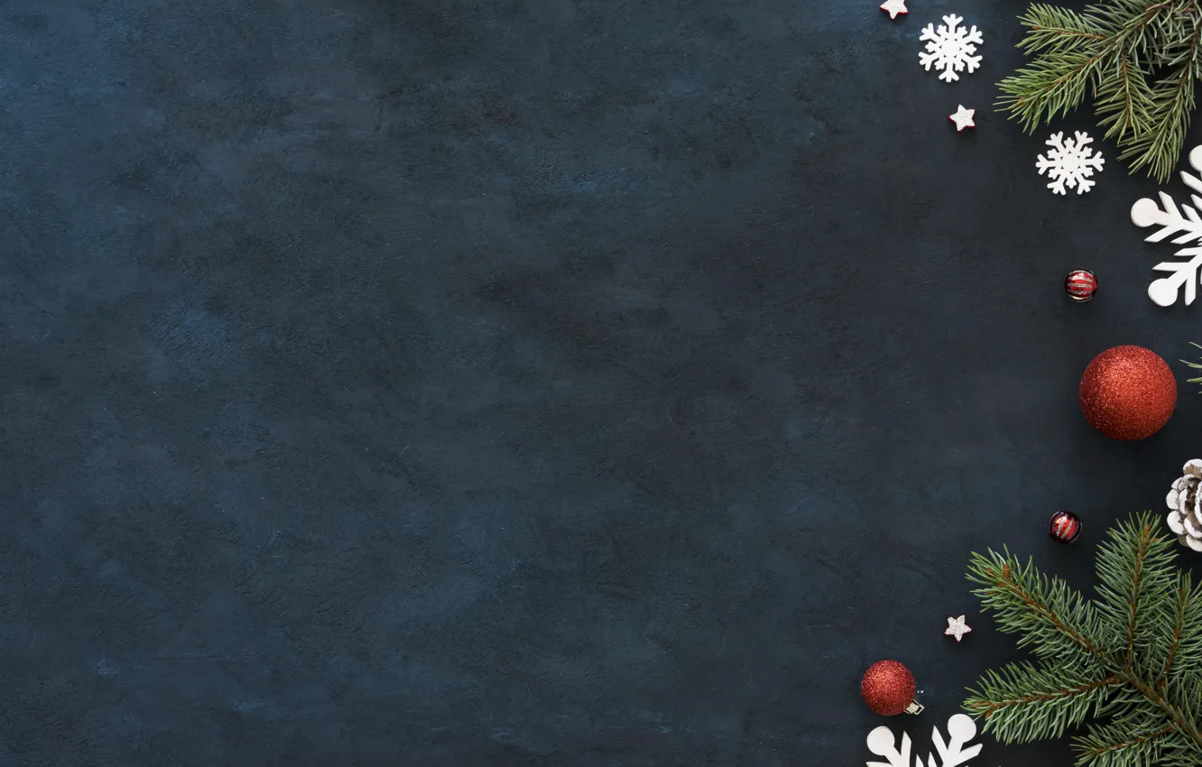 Photo wallpaper balls, the dark background, Christmas, New year, needles