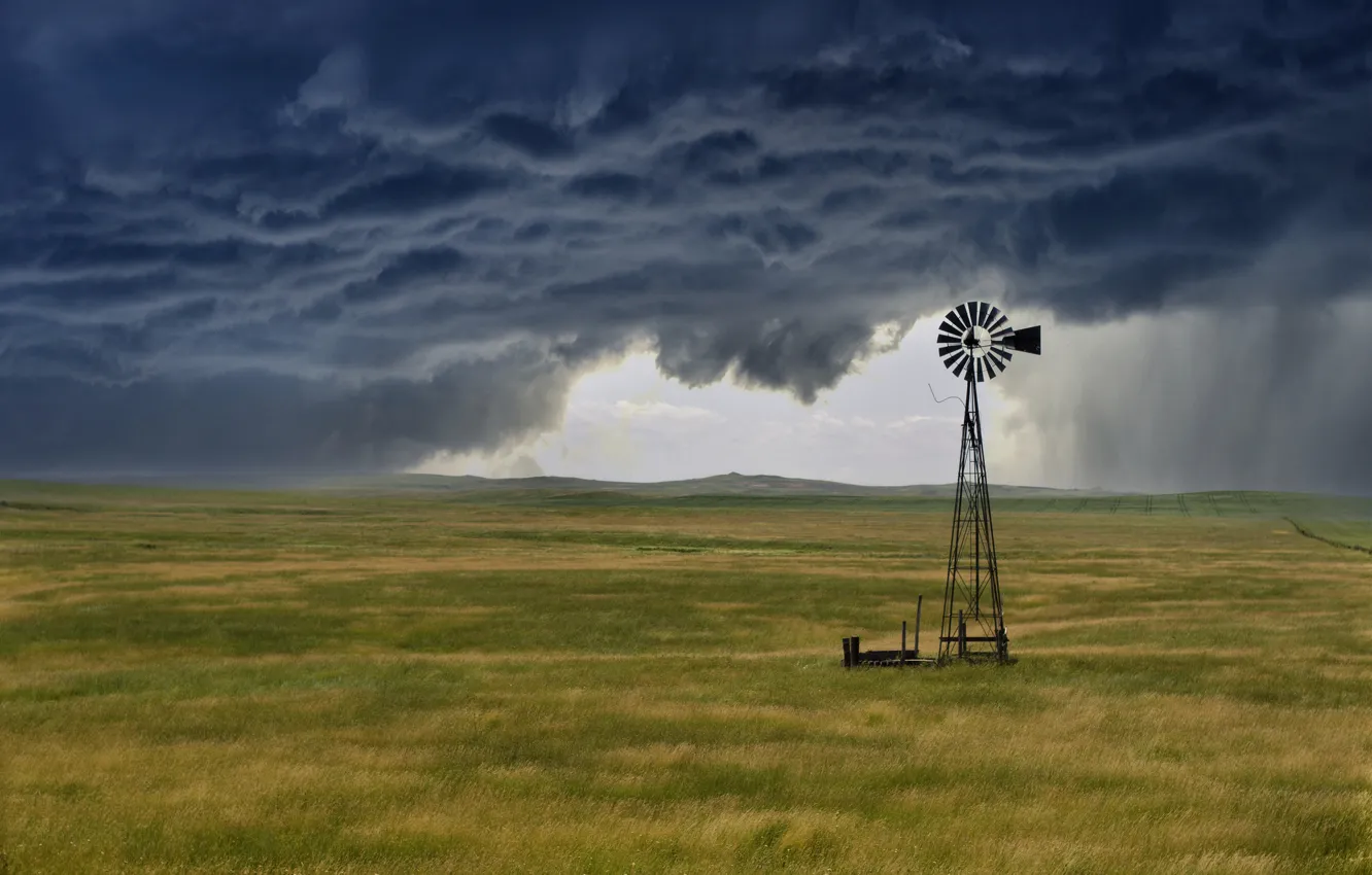 Photo wallpaper the storm, the sky, clouds, mountains, rain, field, the countryside, windmill