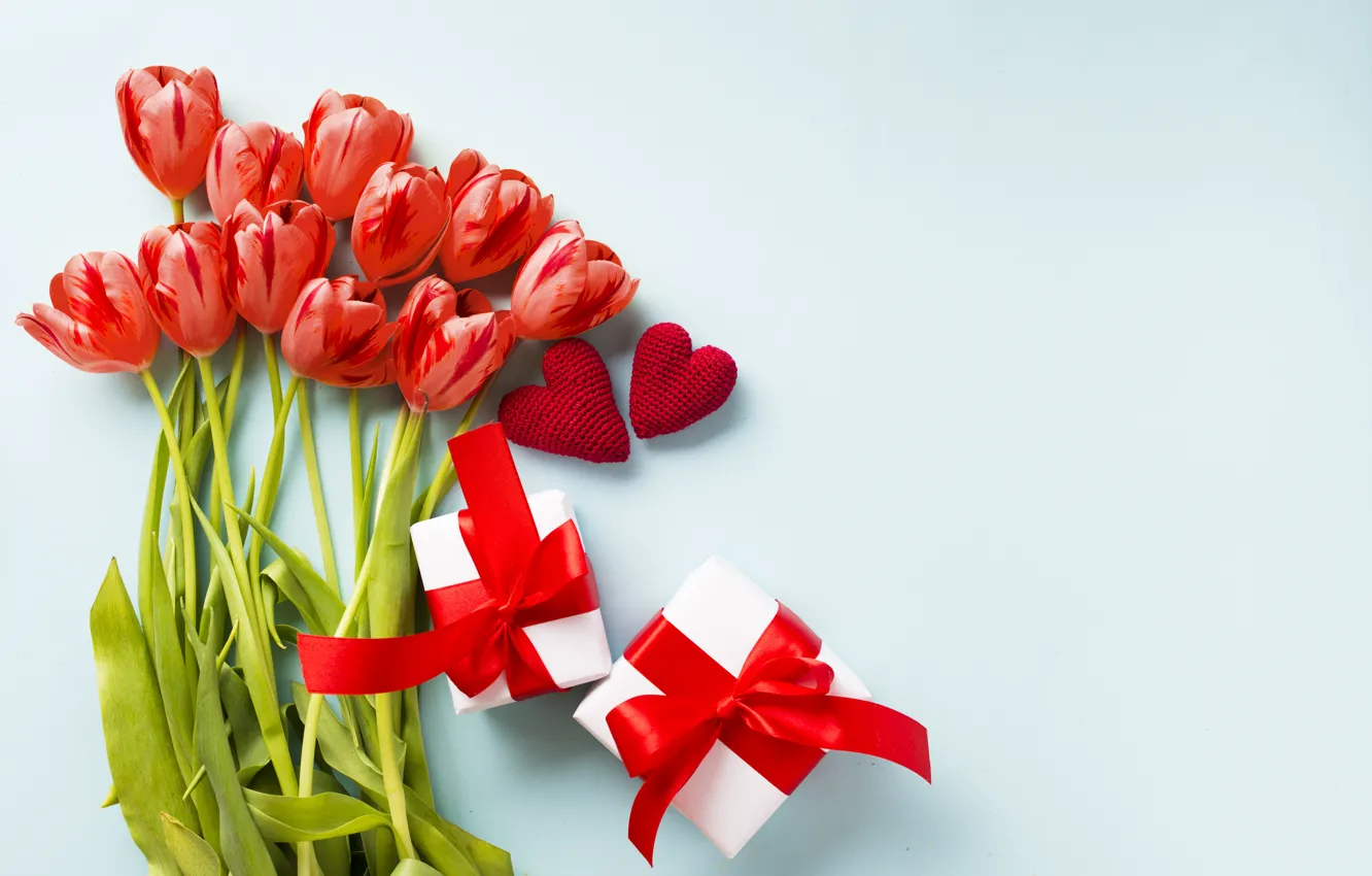 Photo wallpaper flowers, holiday, gift, bouquet, hearts, tulips, Valentine's day