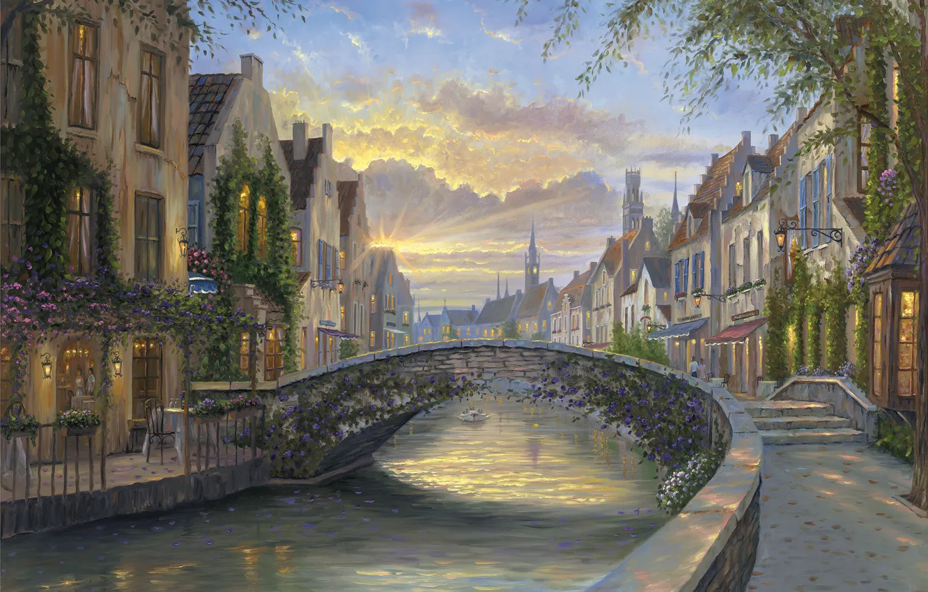 Photo wallpaper sunset, flowers, bridge, river, home, the evening, Belgium, painting
