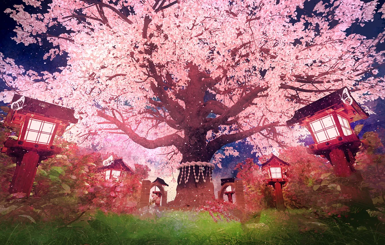 Photo wallpaper Sakura, lights, flowering, Touhou Project, by K&P