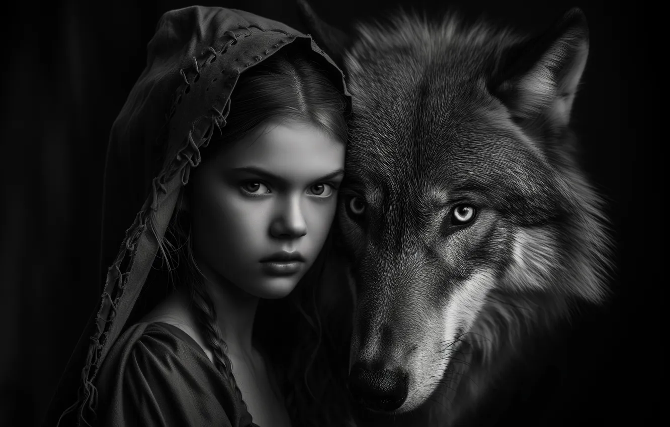 Photo wallpaper look, face, face, each, wolf, portrait, little red riding hood, friendship