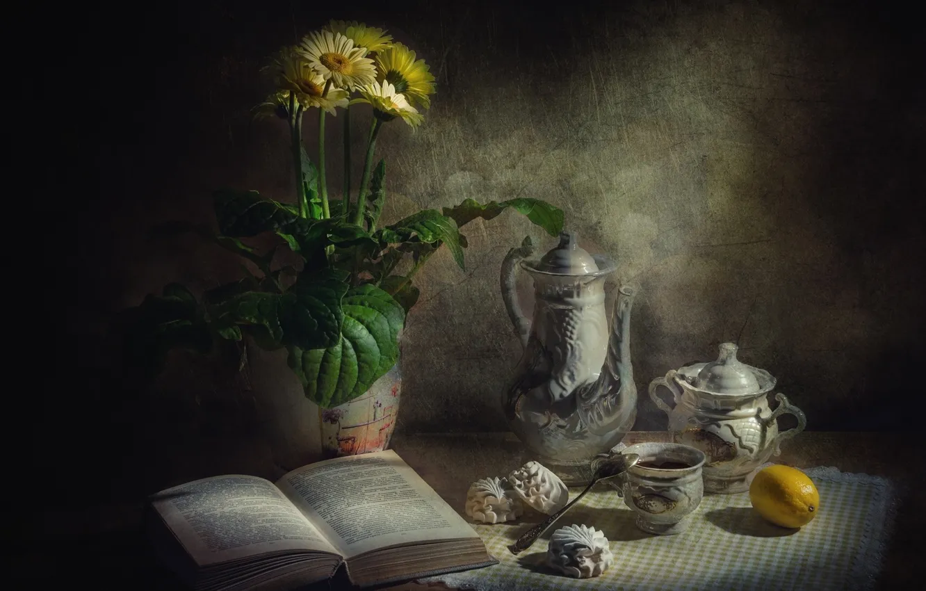 Photo wallpaper flowers, lemon, Table, Cup, book, vase, pitcher