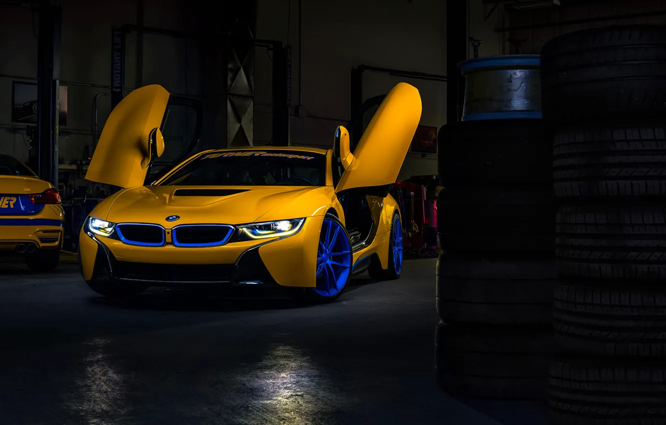 Photo wallpaper BMW, Dark, Car, Front, Yellow, Motorsport, Garage, Doors