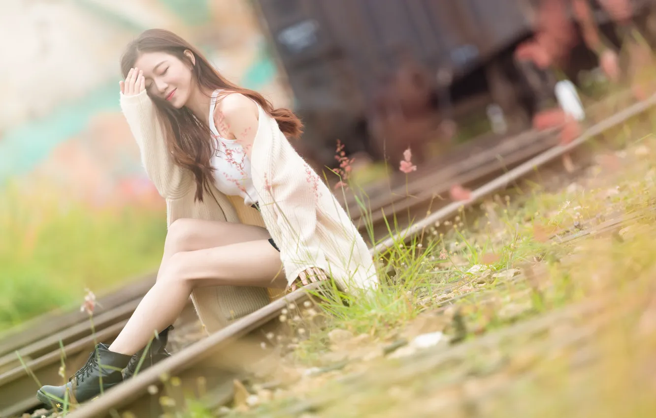 Photo wallpaper summer, girl, rails, sitting