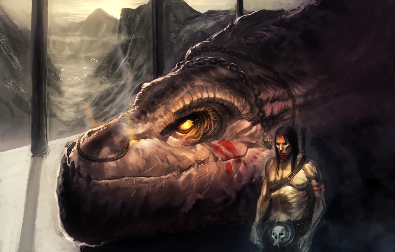 Photo wallpaper mountains, rocks, dragon, rider, male, dragon rider