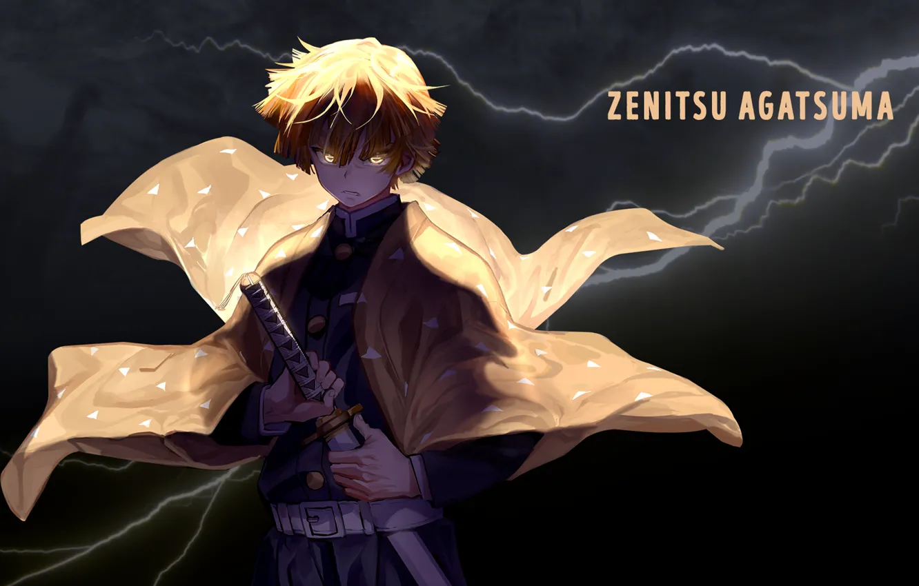 Photo wallpaper fog, lightning, lightning, fog, Demon Slayer, yellow hair, Zenitsu Agatsuma, Breath of Thunder