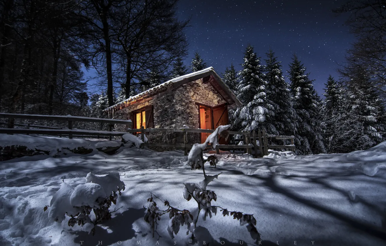 Photo wallpaper winter, forest, snow, trees, landscape, night, house, France