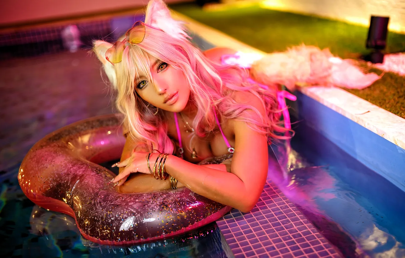 Photo wallpaper circles, cosplay, image, swimsuit, water, Nonsummerjack, ears, tail