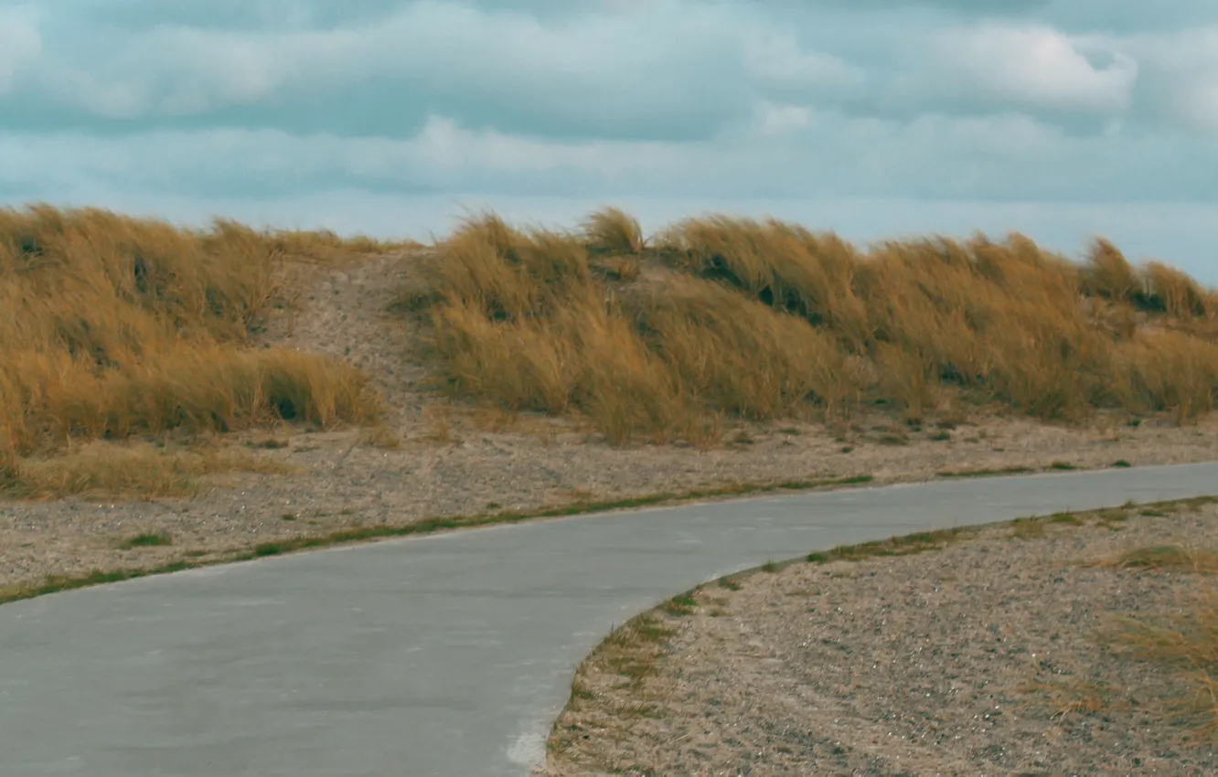 Photo wallpaper the sky, grass, clouds, nature, hills, roadside
