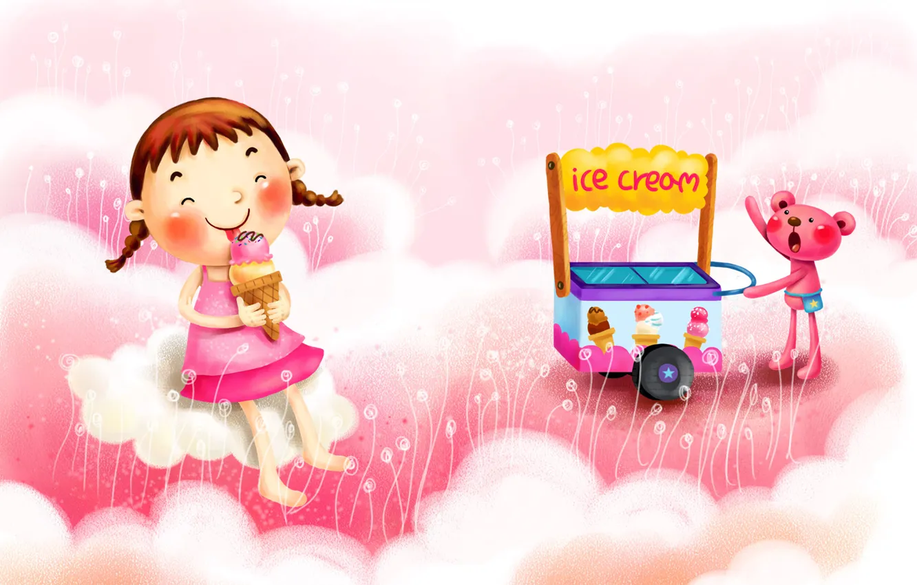 Photo wallpaper clouds, joy, fantasy, figure, ice cream, girl, braids, truck