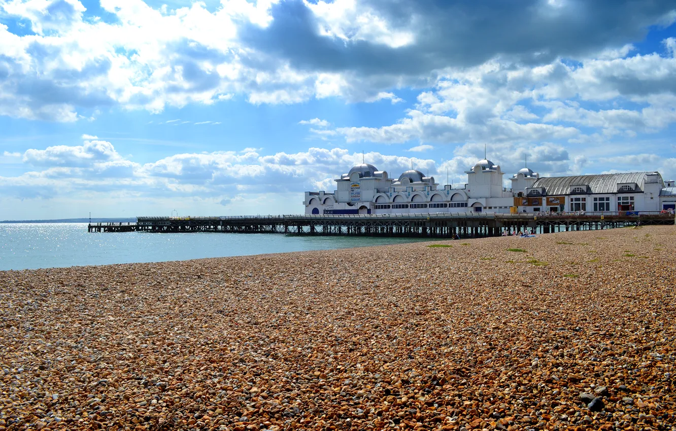 Photo wallpaper sea, the sky, clouds, the building, England, pierce, the dome, Southsea