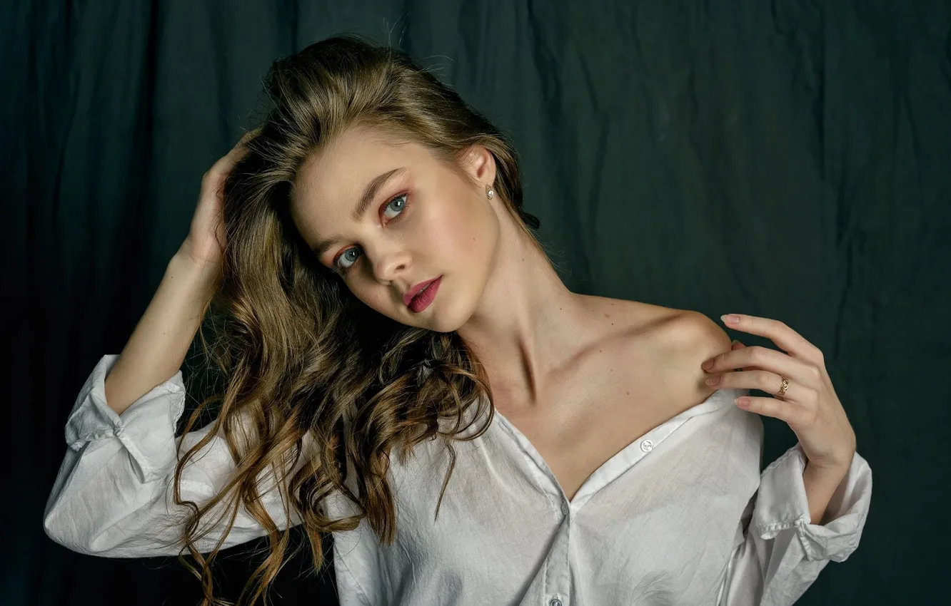 Photo wallpaper girl, studio, model, women, brunette, white shirt, looking at viewer, women indoors