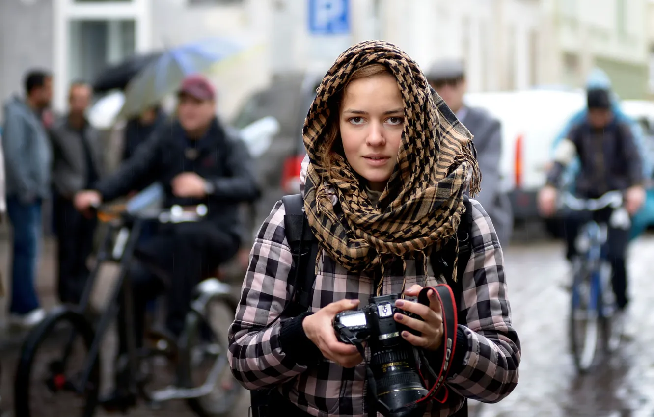 Photo wallpaper girl, the city, rain, street, the camera, photographer, Stranger