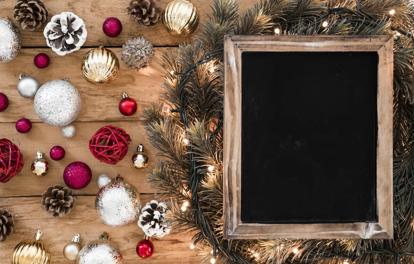 Photo wallpaper decoration, balls, new year, frame, Christmas, Christmas, balls, wood