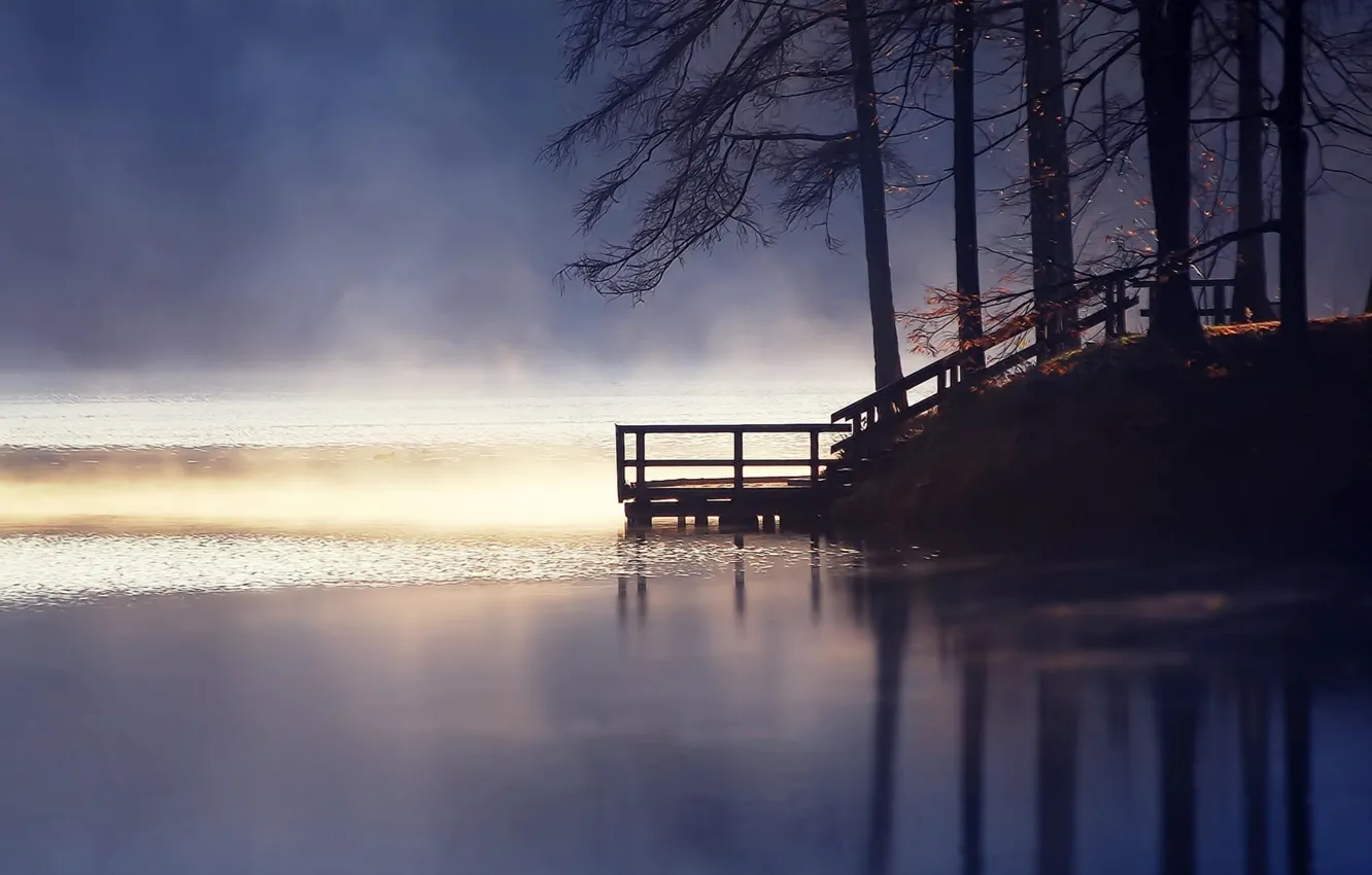 Photo wallpaper fog, lake, shore, morning, pier