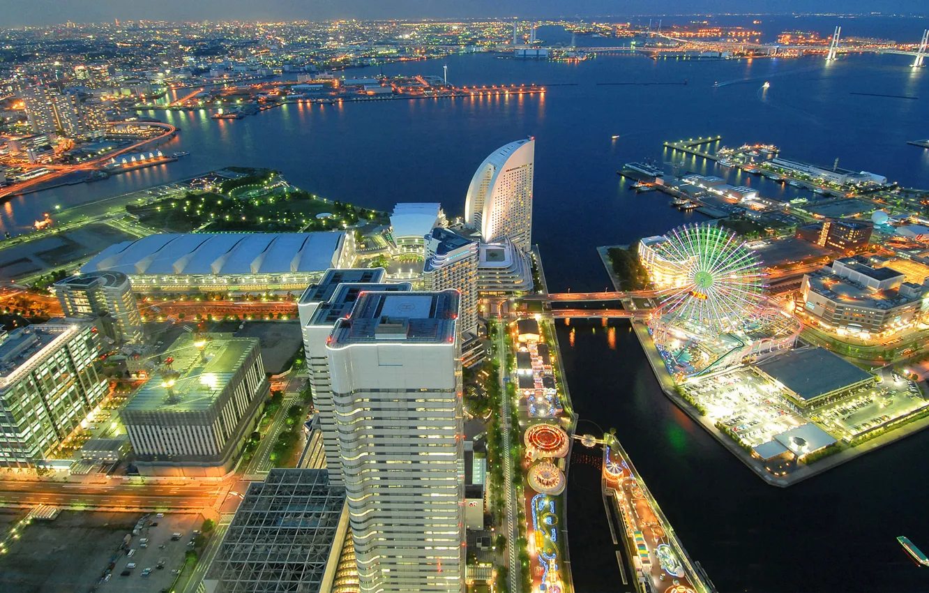 Photo wallpaper sea, night, the city, lights, Japan, port
