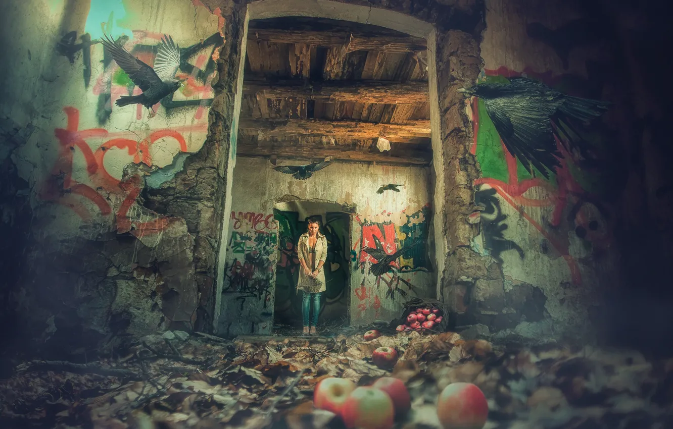 Photo wallpaper girl, birds, basket, apples, abandoned house