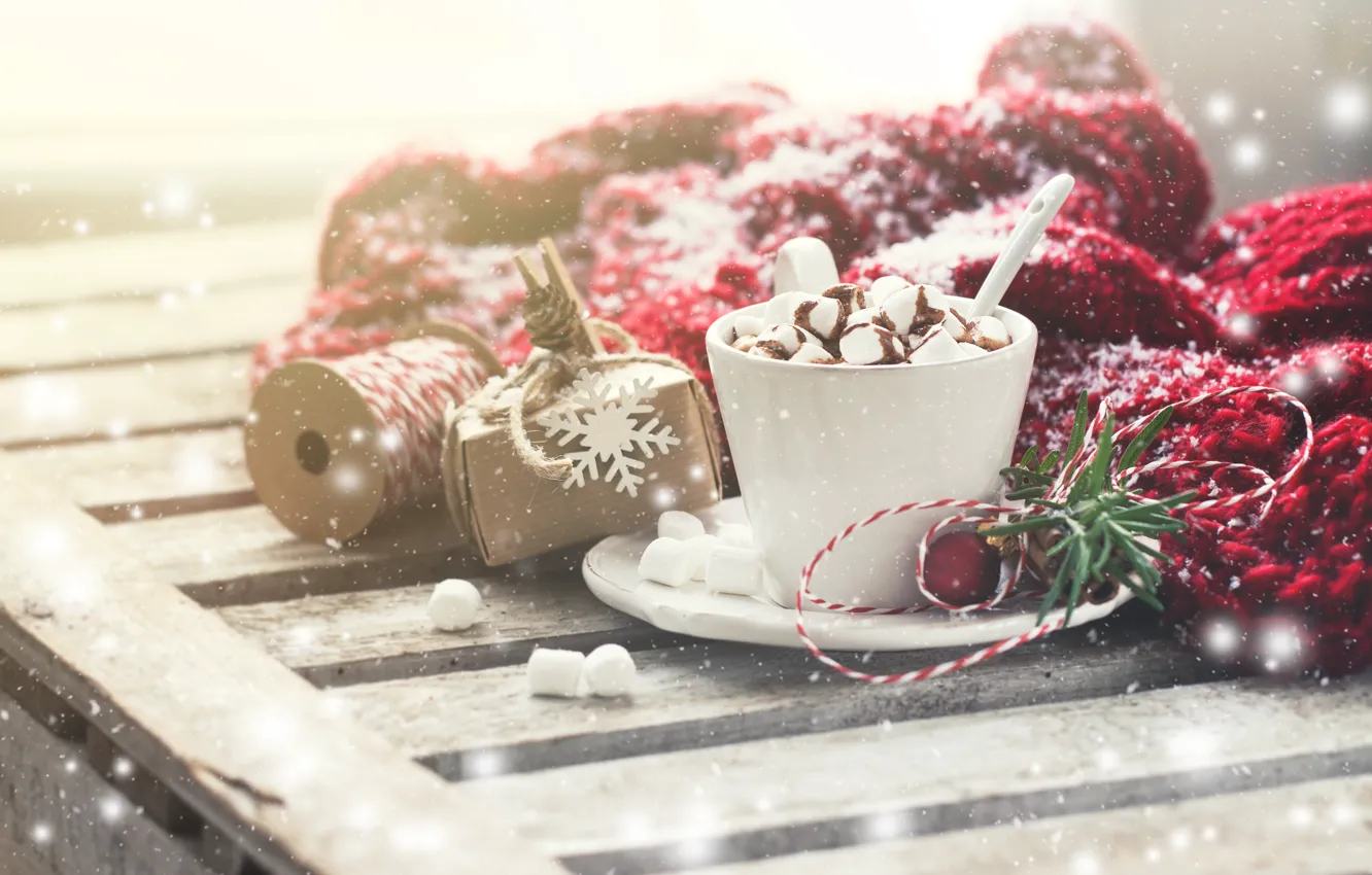 Photo wallpaper winter, snow, Cup, cup, Chocolate, hot chocolate, marshmallows