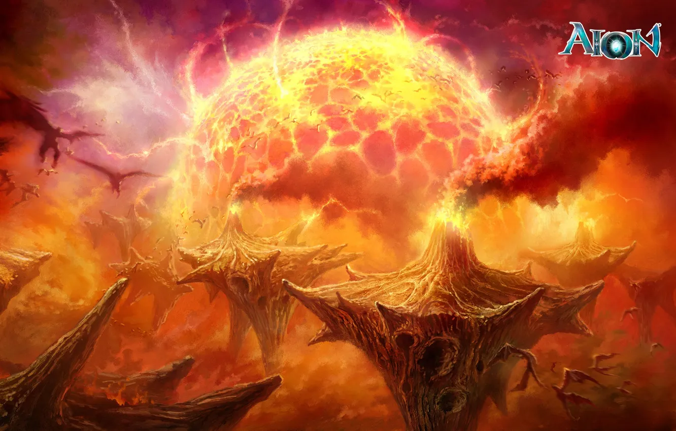 Photo wallpaper rocks, wings, monster, the volcano, lava, Aion