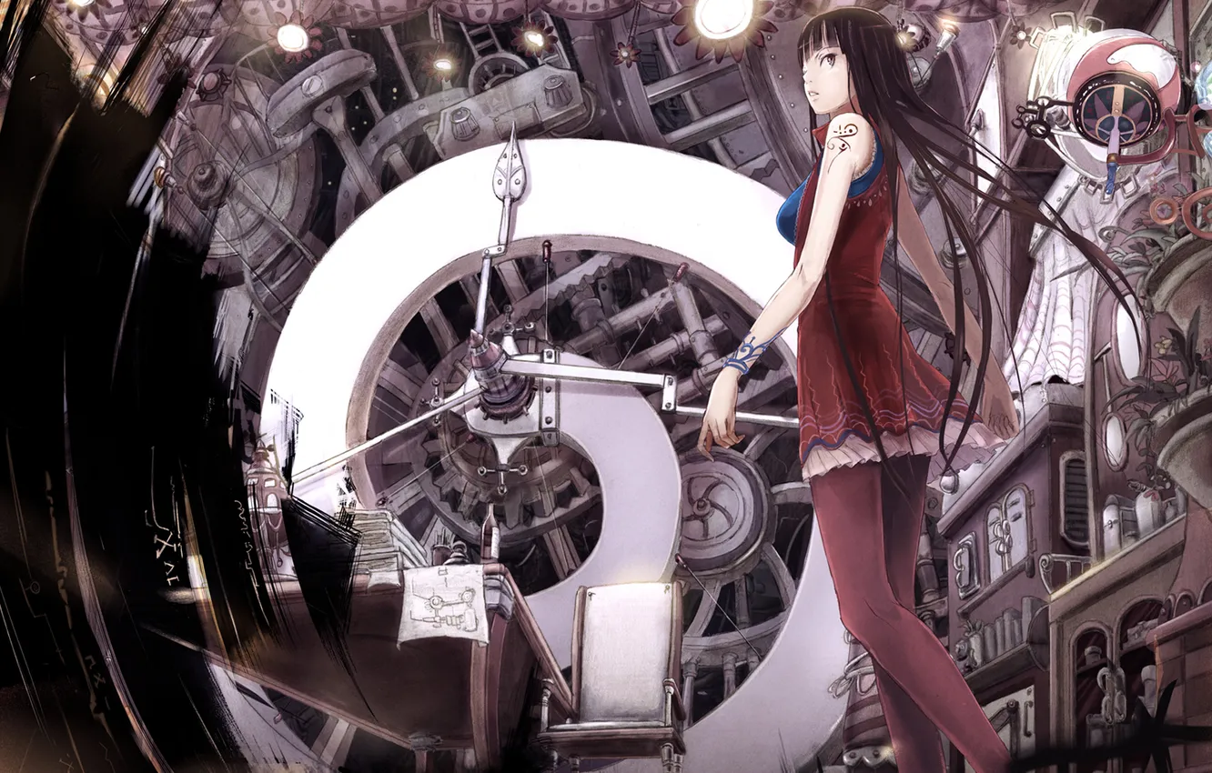 Photo wallpaper girl, paper, table, mechanism, lamp, chair, tattoo