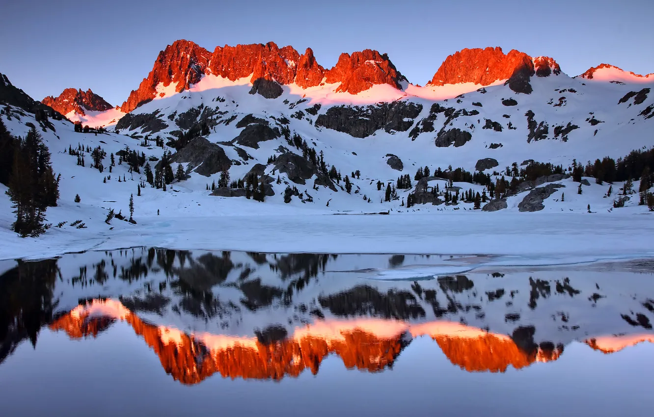 Photo wallpaper the sky, snow, sunset, mountains, lake