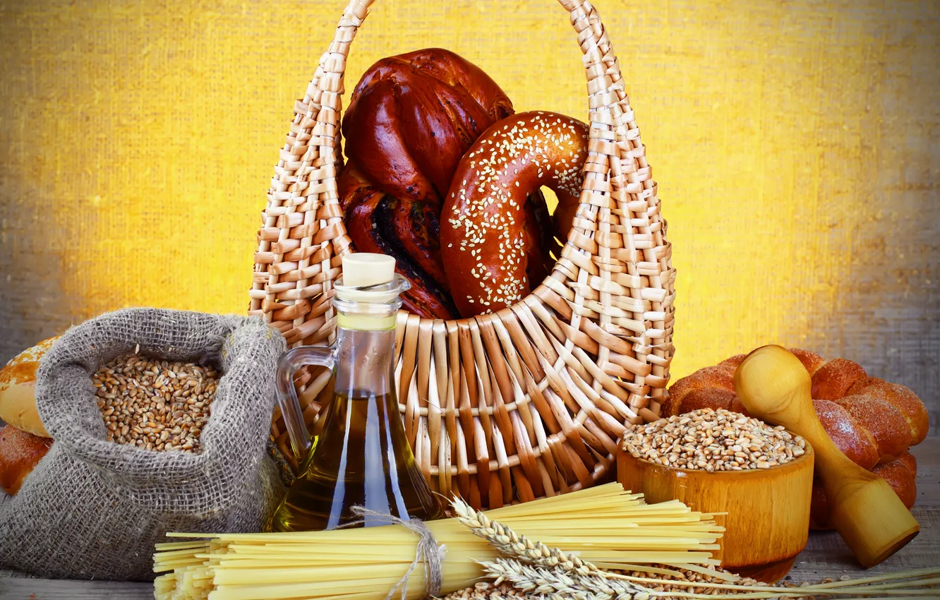 Photo wallpaper table, basket, grain, oil, bread, bag, mortar, pretzel