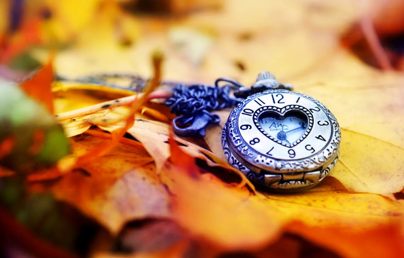 Photo wallpaper autumn, leaves, arrows, heart, watch, love, dial, heart