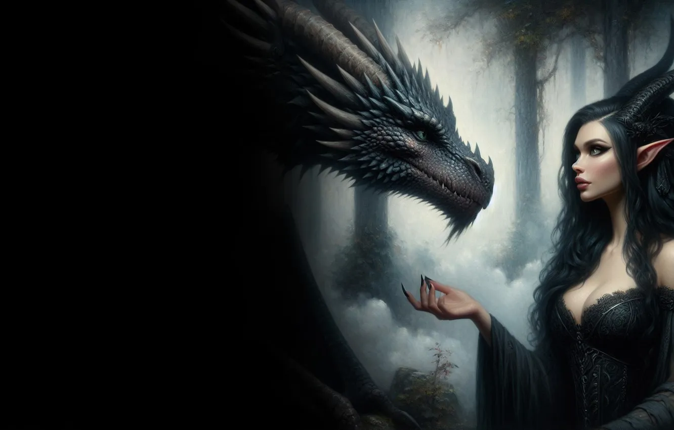 Photo wallpaper forest, girl, fog, darkness, dragon, fantasy