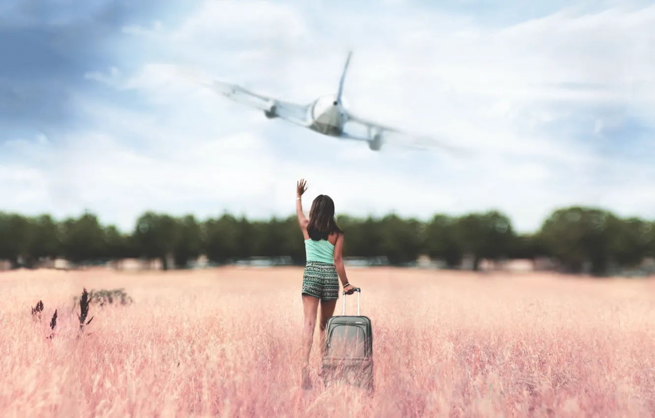 Photo wallpaper field, girl, the plane
