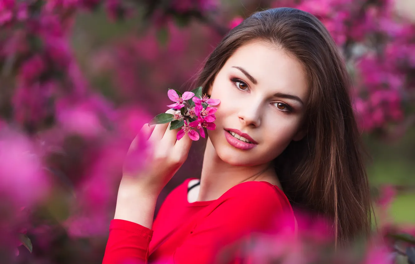 Photo wallpaper girl, flowers, beauty, spring, garden, woman, young, beautiful