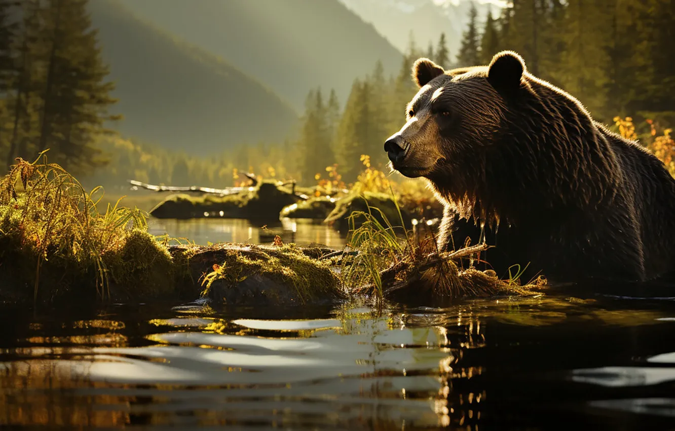 Photo wallpaper forest, light, mountains, shore, moss, bear, bathing, pond