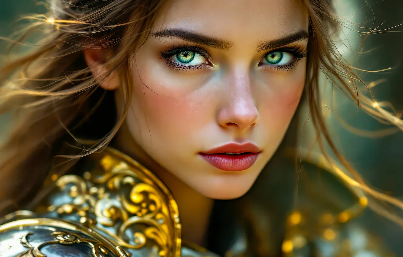 Photo wallpaper neural network, portrait, pose, look, blue eyes, AI art, warrior, armor
