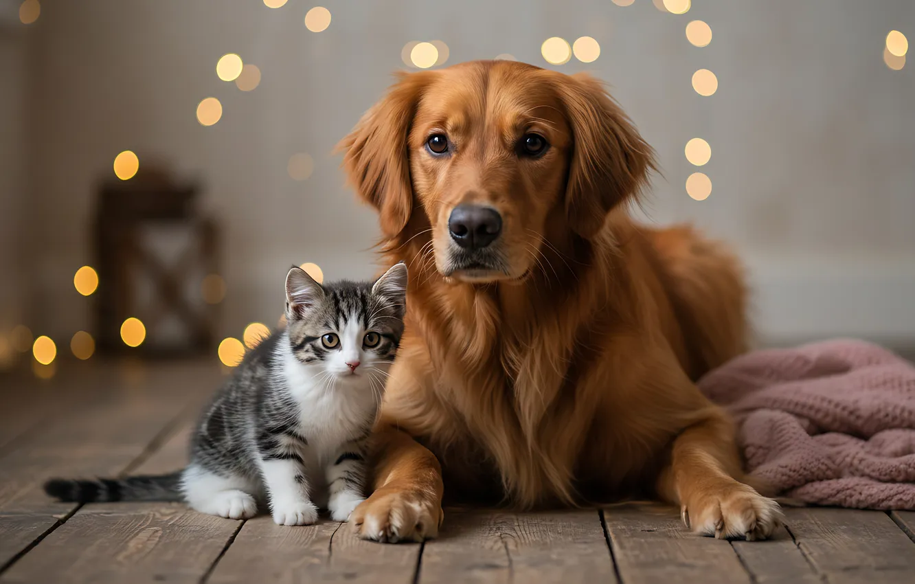 Photo wallpaper cat, look, lights, pose, each, Board, dog, floor