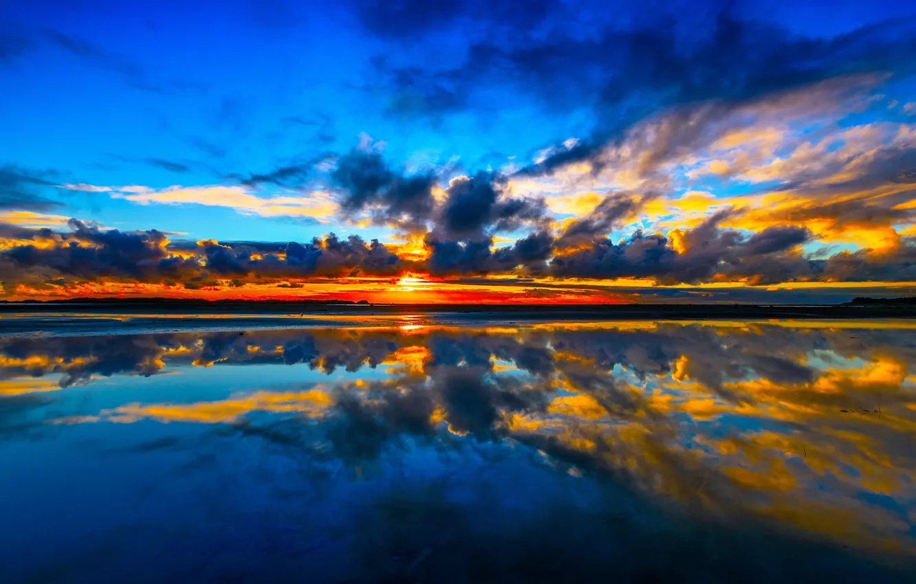 Photo wallpaper sea, clouds, sunset, reflection, New Zealand, New Zealand, Cook Strait, Manakau