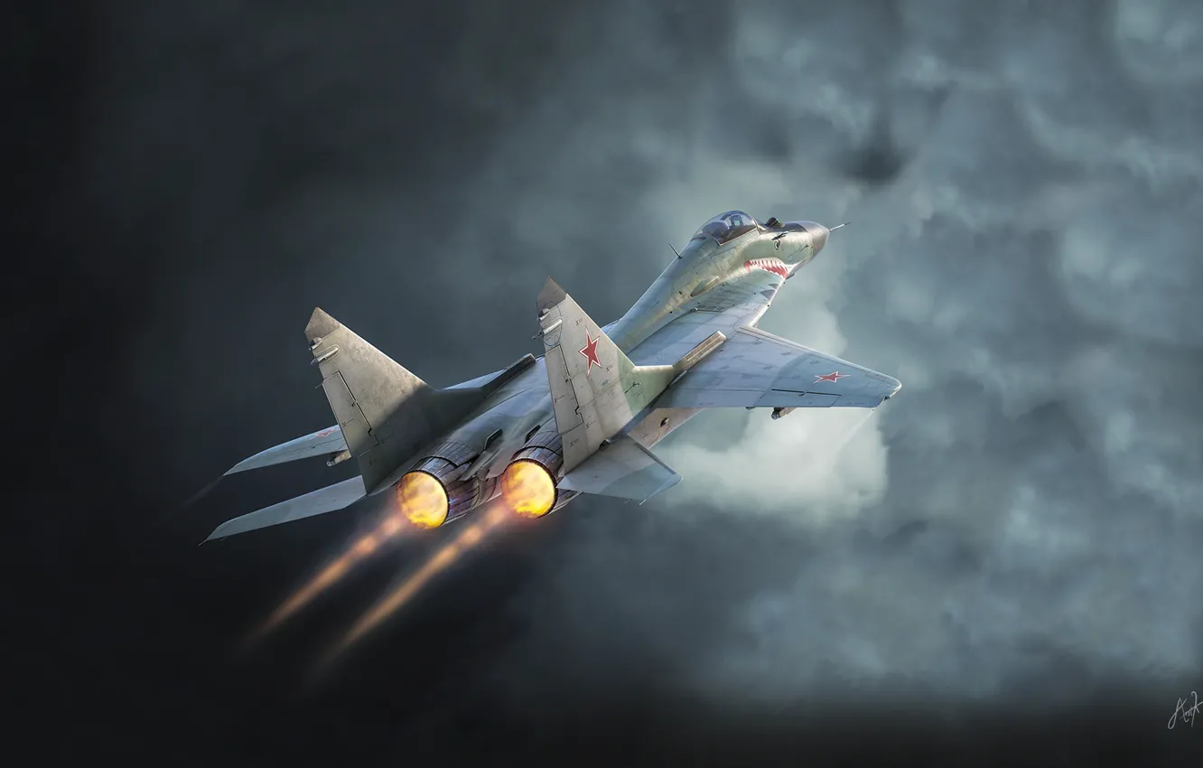 Photo wallpaper the sky, clouds, fighter, Russia, the plane, MiG, nozzle, The MiG-29