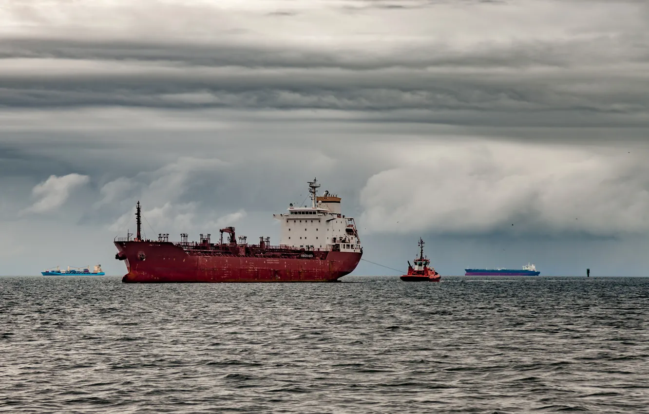 Photo wallpaper sea, the sky, clouds, overcast, ships, horizon, boat, tanker