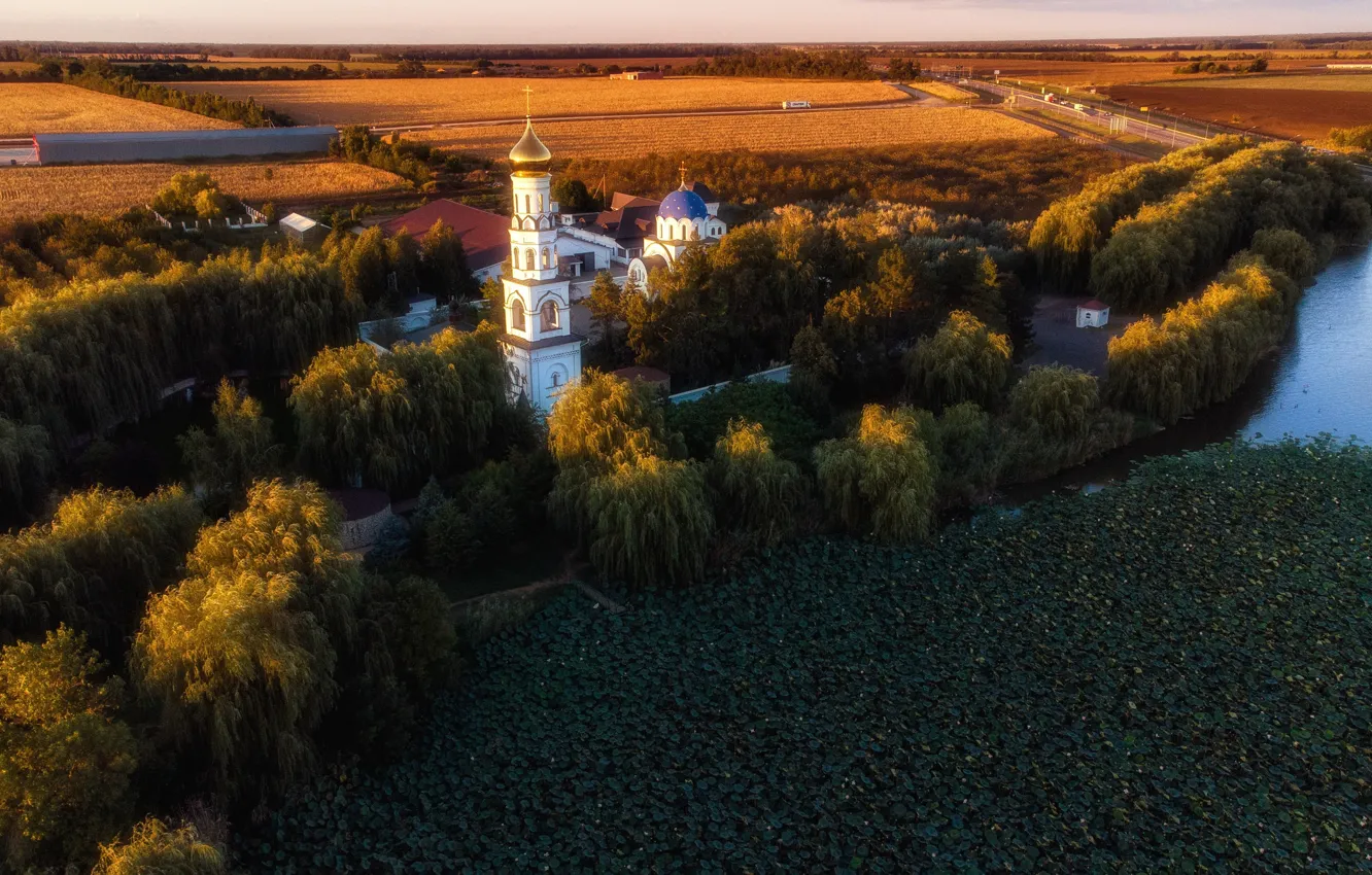 Photo wallpaper landscape, sunset, nature, river, the monastery, Krasnodar Krai, Paul Sahaidak