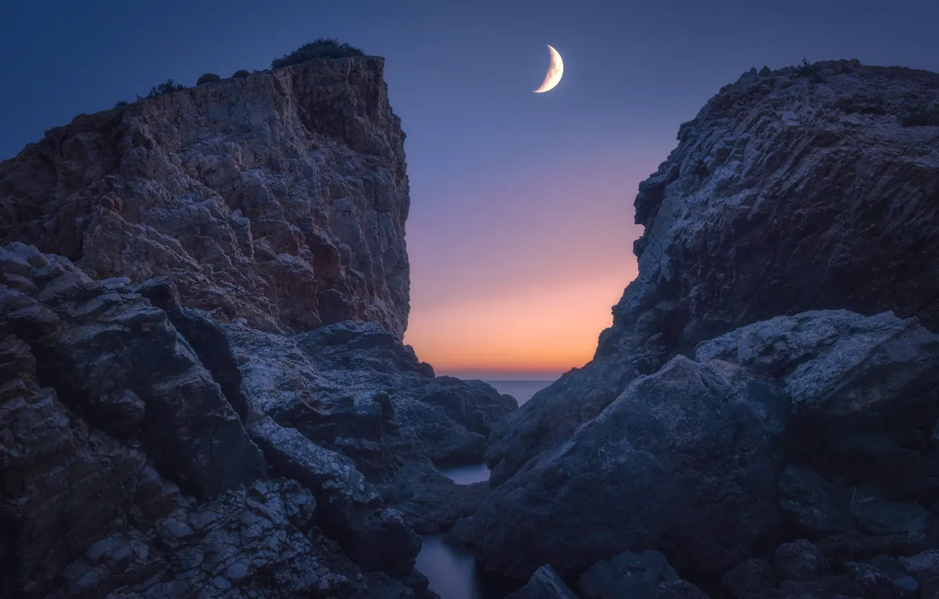 Photo wallpaper the sky, mountains, night, stones, rocks, the moon, shore, a month